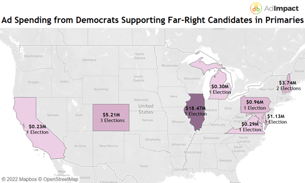 A map of the US with states that had Democratic spending in Republican primaries.