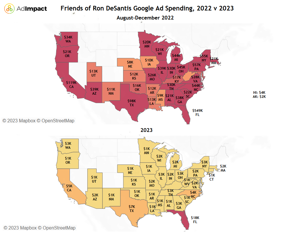 a map broken out by states showing Presidential digital spending