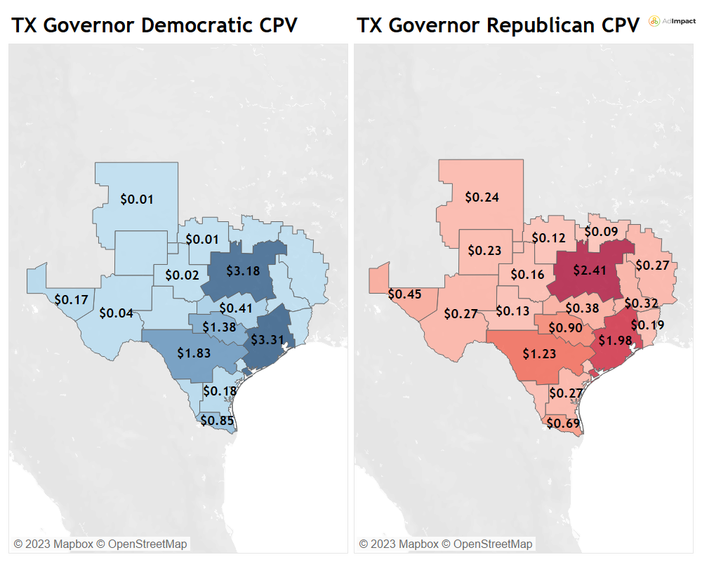 A map showing cost per vote in each of Texas' markets. 